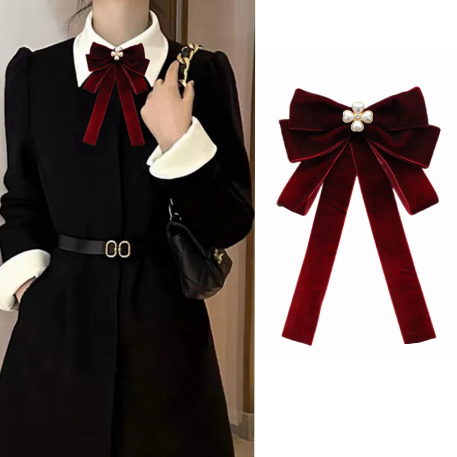 Fashion Bow Tie Women's Large Bow Small Fragrant Wine Red Velvet Pin Black Clothing AccessoriesPreppy  Collar Accessory Gift