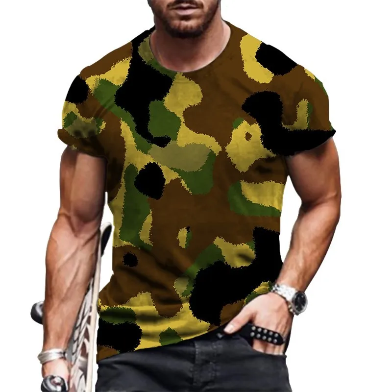 Summer Men Street Personality Camouflage Clothing O Collar Short Sleeve 3d Printing Fashion Casual Loose Retro Plus-Size Top