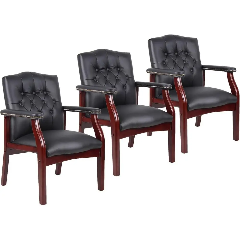 

Black Leather Armrest Waiting Room Chairs, Ergonomic Office Chairs without Wheels, and Conference Side Chairs Set of 3
