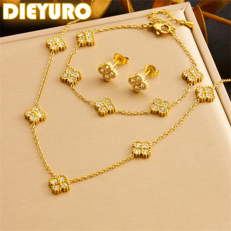 DIEYURO 316L Stainless Steel Zircon Splicing Golden Flowers Necklace Earrings Bracelet Suit Girl New 2024 Trend Jewelry Gift Set