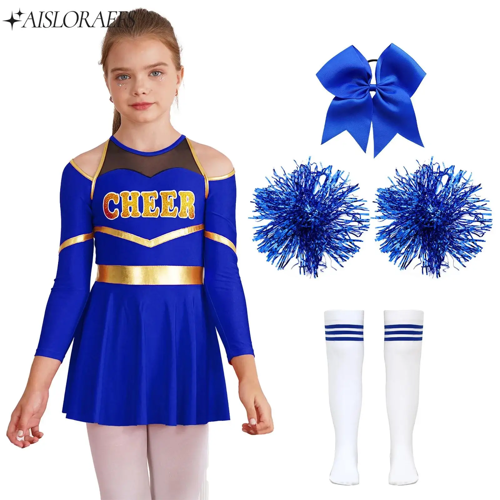 

Kids Girls Cheerleading Dance Costume Long Sleeve Leotard Dress with Pom Poms Schoolgirls Uniform Halloween Party Fancy Outfits