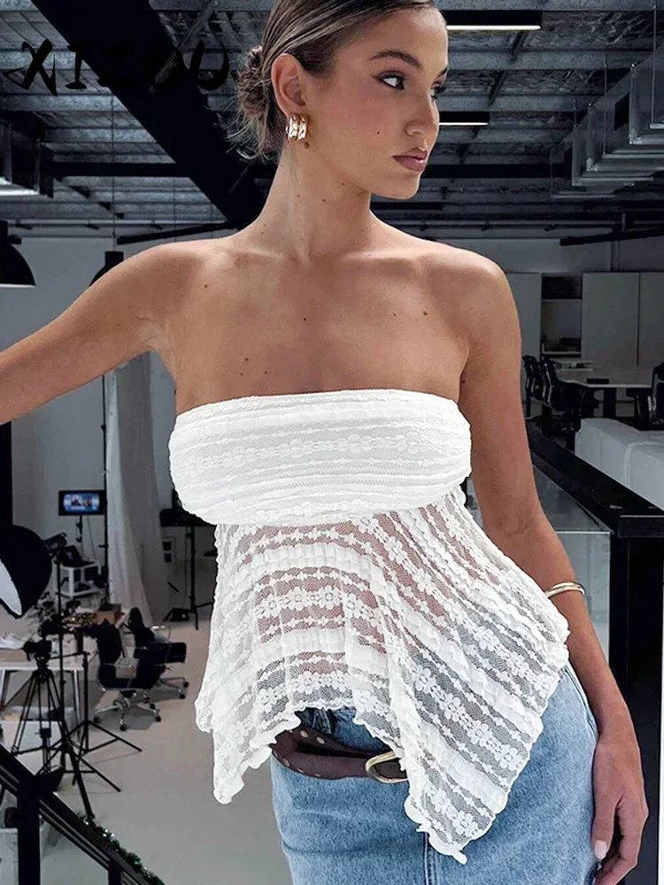 

XIZOU Hottie сексуальные топы на бретелях женские сетчатые лоскутные нерегулярные жилеты без бретелек с открытой спиной 2023 летняя новая тенденция классическая уличная одежда