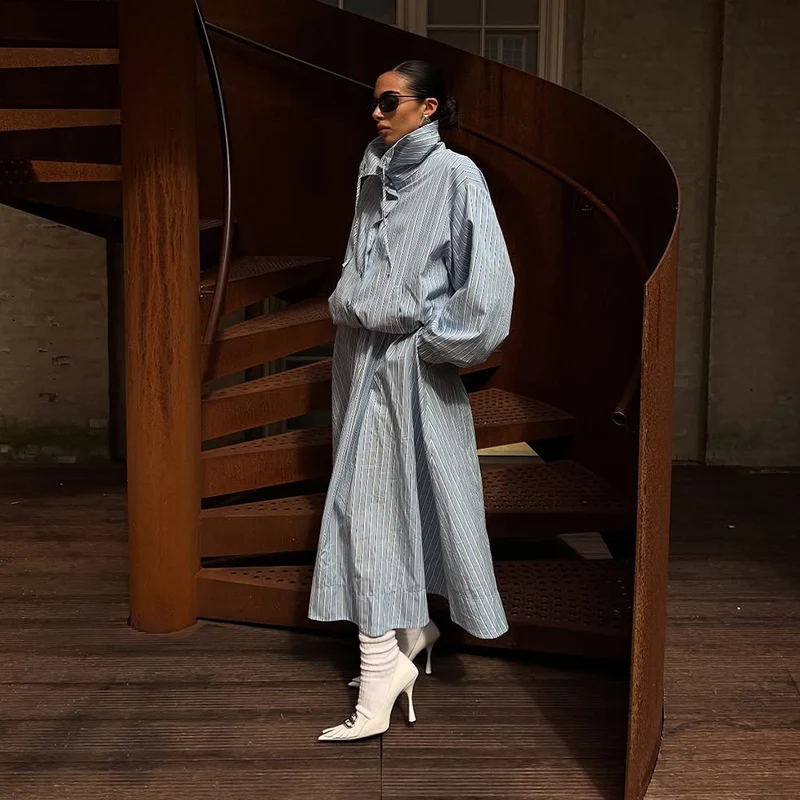 Chic Striped Women's Jacket Skirts Suit Stand Collar Drawstring A-Line Skirts Lady Set 2026 Summer Autumn 2 Pieces Set Women New