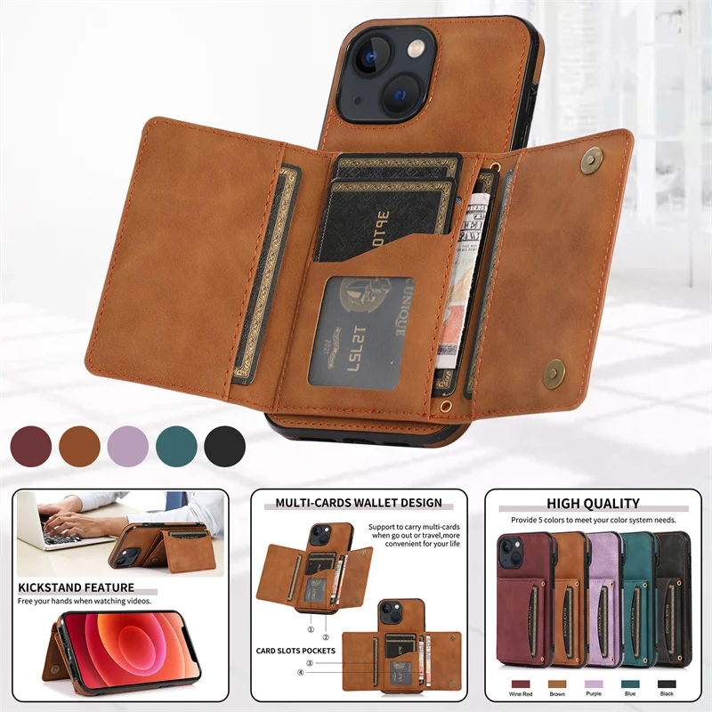 

Hold the card Slots Leather Case For iPhone14 13 12 11 Pro Max XS X XR 8 7 Plus 13 Mini Stand Flip Purse Wallet Back Phone Cover