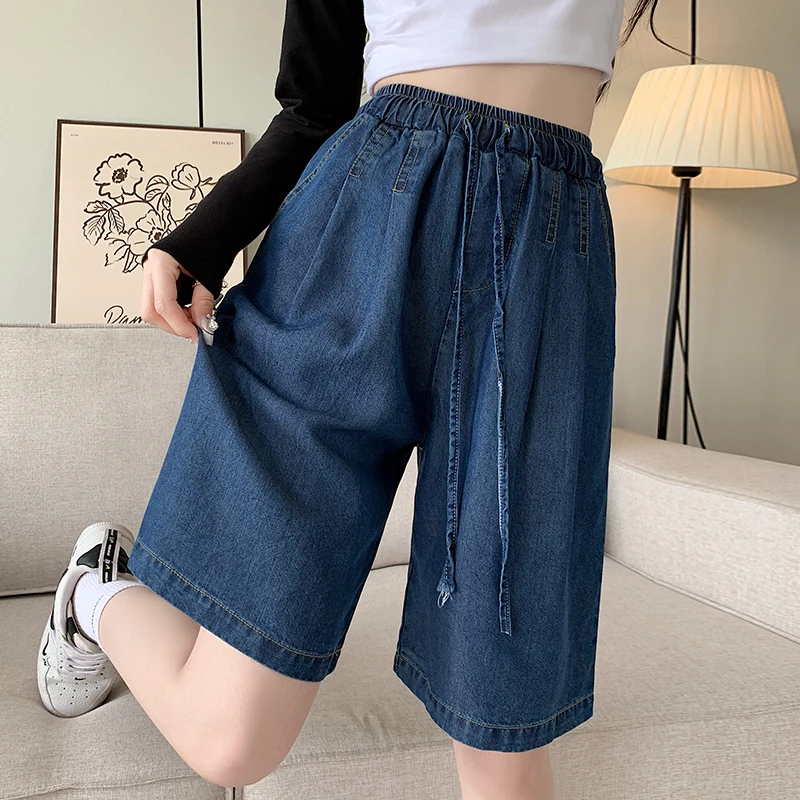 ฤดูใบไม้ผลิฤดูร้อน Tencel คาวบอยบางผู้หญิงครึ่งกางเกง 2025 ใหม่เอวสูง LACE-up Casual หลวมขากว้างสั้นสําหรับสตรี