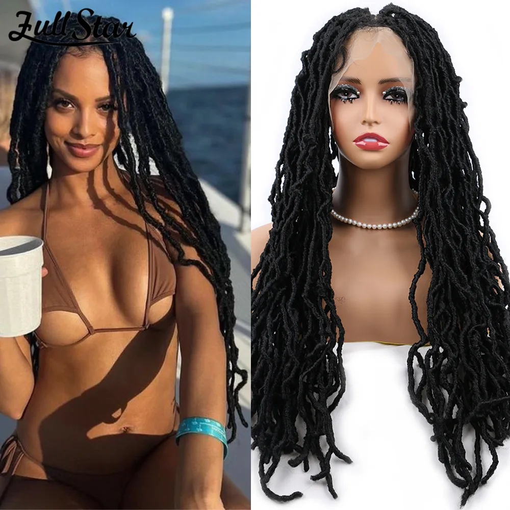 

Full Star 28Inch Full Double Faux Locs Braided Wig Curly Hair Hand-braided Full Lace Synthetic Crochet Braids with Baby Hair