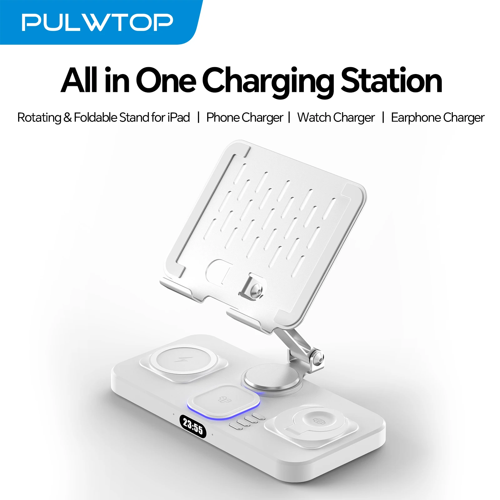 

Беспроводное зарядное устройство PULWTOP для нескольких устройств Apple, зарядная станция с часами и 7-цветной окружающей освещенности (белый-1)