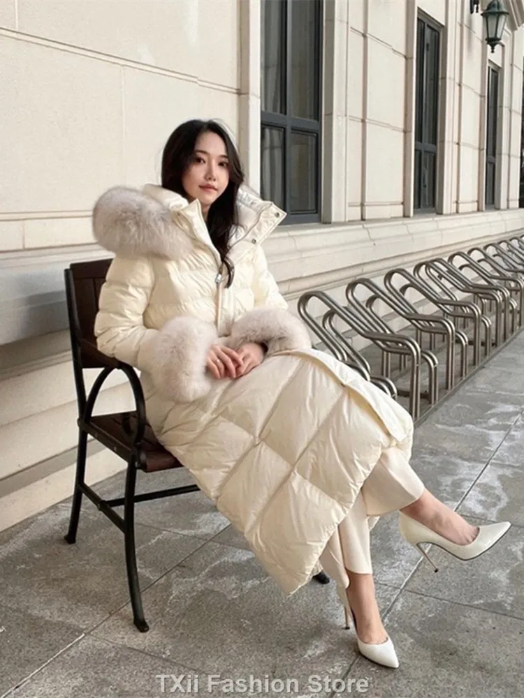 TXii 2023 Winter Women\'s Fashion Long Down Jackets Female Fox Fur Collar Hooded Coats Ladies Thicken White Duck Down Outerwear