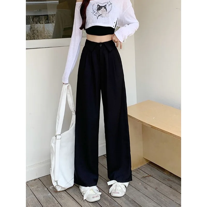 Women High Waist Turn Down Collar Suit Pants Draped Wide Leg Straight Casual Trousers