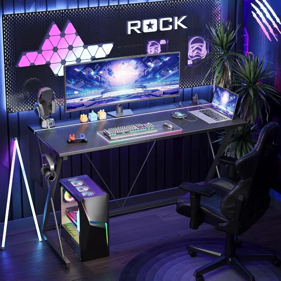 مكتب ألعاب مريح مقاس 47 بوصة مع منافذ طاقة مدمجة وإضاءة LED محيطة عمل الكمبيوتر بلمسة نهائية من ألياف الكربون F #2