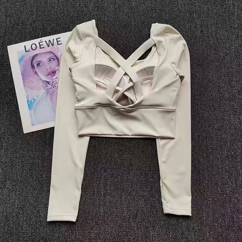 تي شيرت بدون ظهر، مع وسادات صدر، تي شيرت يوغا مقاوم للصدمات بأكمام طويلة، قميص رياضي سريع الجفاف وجيد التهوية، ملابس لياقة بدنية نسائية #2