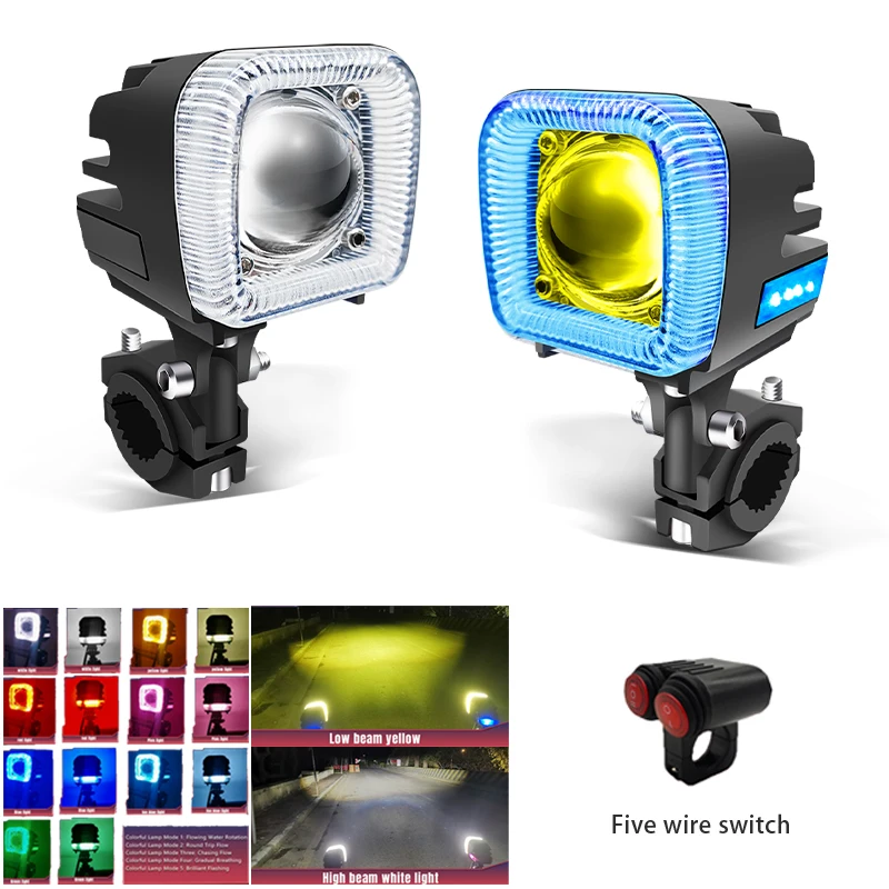 

Motorcycle LED Spotlight Dual Color Hi/Low Beam With Colorful DRL Lens Headlights Moto Work Fog Lamp For Trucks Scooters ATV SUV