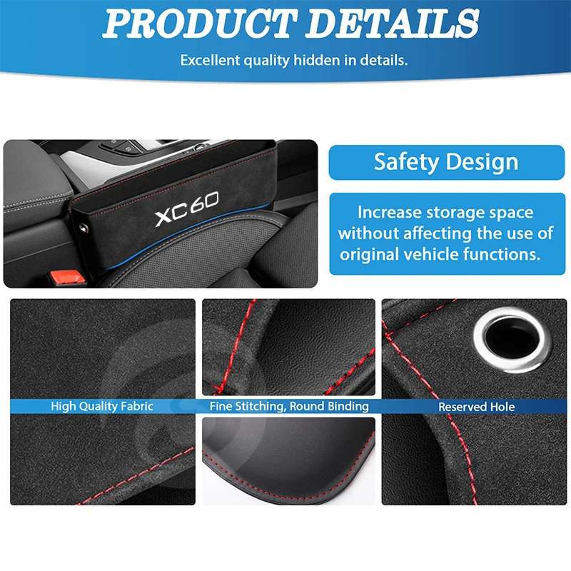 Suede Seat Side Storage Pocket for Volvo XC60 Car Front Seat Gap Filler Organizer Box Stowing Tidy Interior Accessories