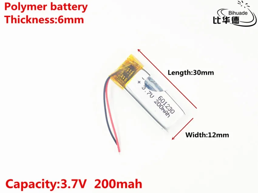 Good Qulity 3.7V,200mAH,601230 Polymer lithium ion / Li-ion battery for TOY,POWER BANK,GPS,mp3,mp4