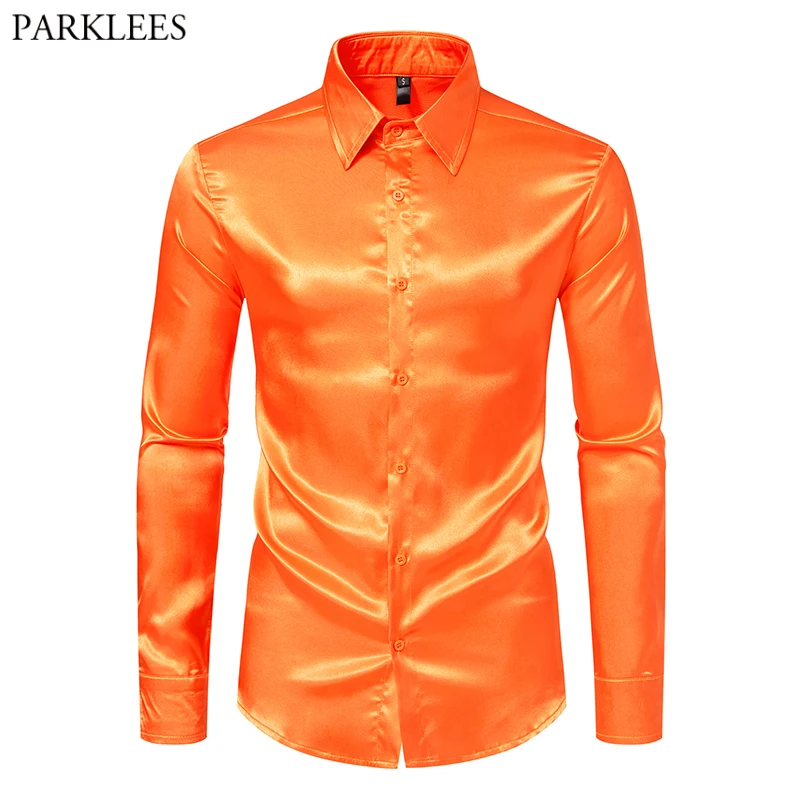 

Orange Silk Satin Mens Dress Shirts Long Sleeve Casual Smooth Tuxedo Shirt Men Party Prom Nightclub Stage Chemise Homme S-2XL