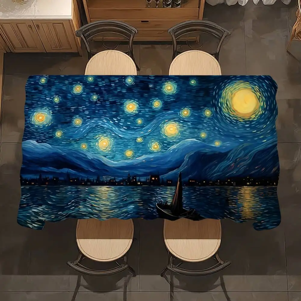 V-Van Gogh's Starry Night Table Cloth Party Decor Dining Room Home Kitchen Patios Waterproof Stain-Proof Table Cloth