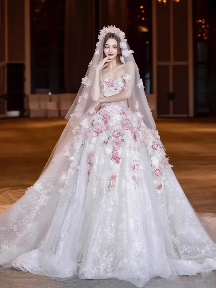 ชุดแต่งงานหรูหราแบบ 3 มิติ ชุดหมั้น ผ้าคลุมเจ้าสาว 2025 ใหม่ ทรงเกาะอก แบบเจ้าหญิงหวานๆ ชุดงาน Quinceanera ชุดราตรี