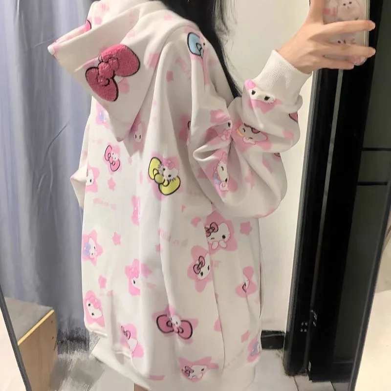 Sanrioed Hello Kittys Cartoon Zipper Hooded Sweatshirt Girls Hoodie Kawaii Lolita Jacket Loose Harajuku Outerwear Women Clothing