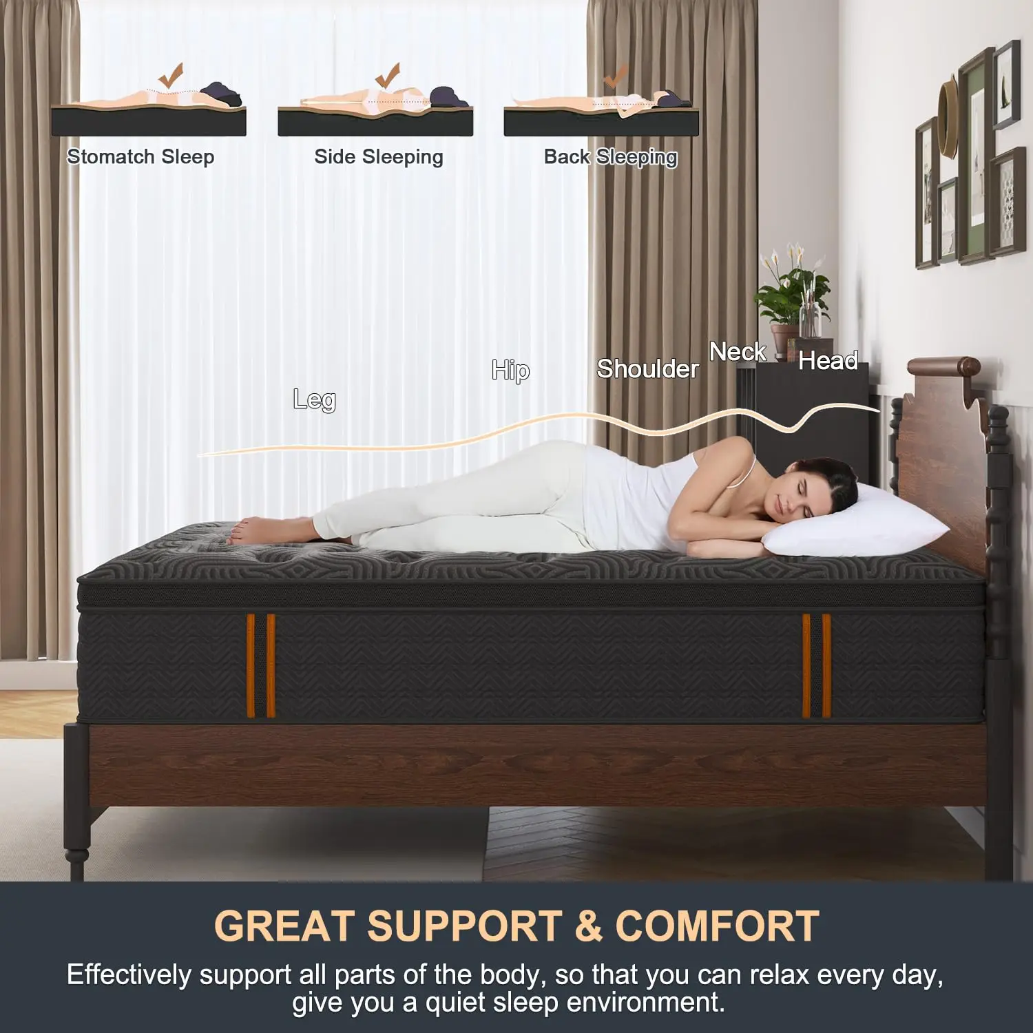 Hybrid Mattress 14 Inch Gel Memory Foam Pocket Spring Euro Top Back Support Pressure Relief Motion Isolation, Customized