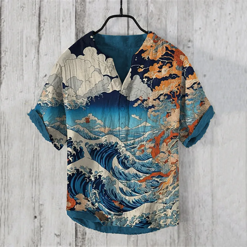 Stampa artistica hawaiana da uomo serie sea wave stampa digitale 3D camicia a tre petto a maniche corte allentata casual