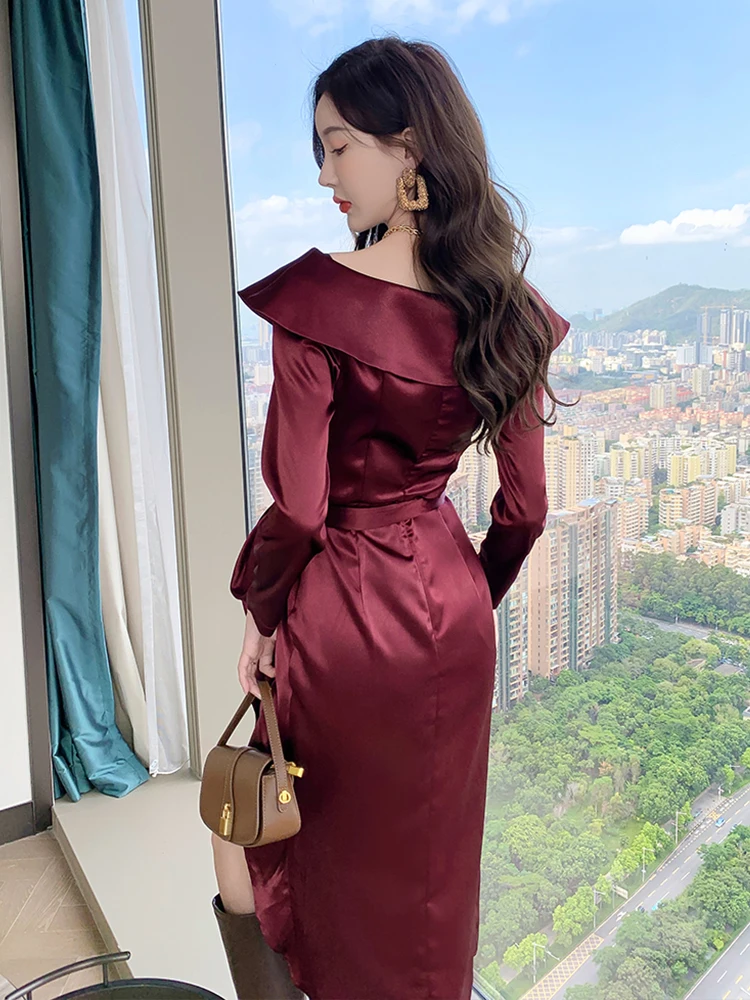 Moda francesa ol vintage cetim manga longa festa clube vestido elegante robe coffee break plissado cinto split vestido feminino