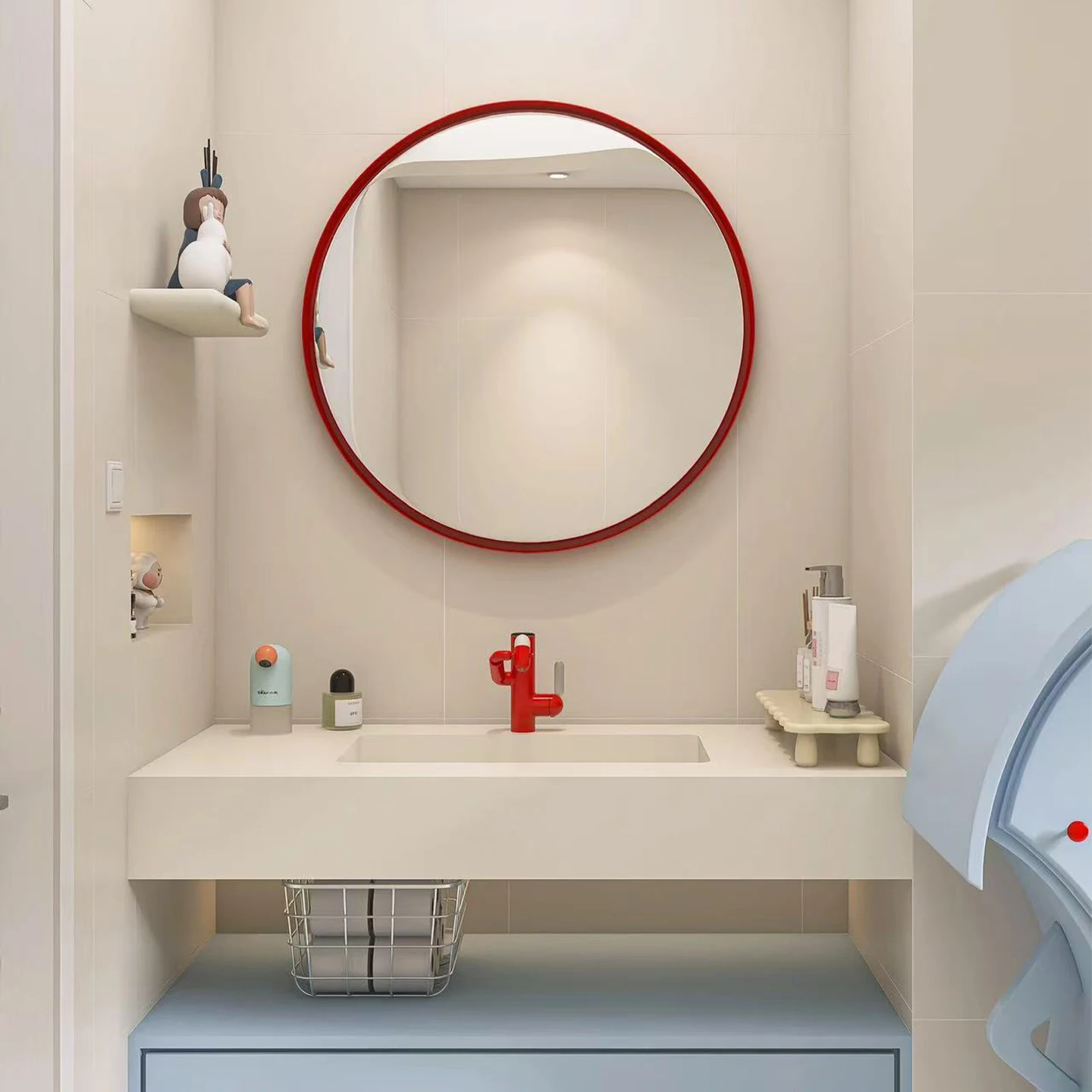 Red Slim-Frame Round Wall Mirror product image
