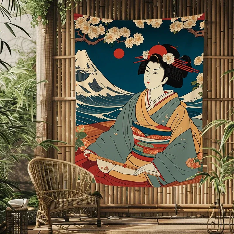 Japanese Wave Art Tapestry Wall Hanging Red Sunrise Ocean Decor Bohemian Boho Living Room Wall Art