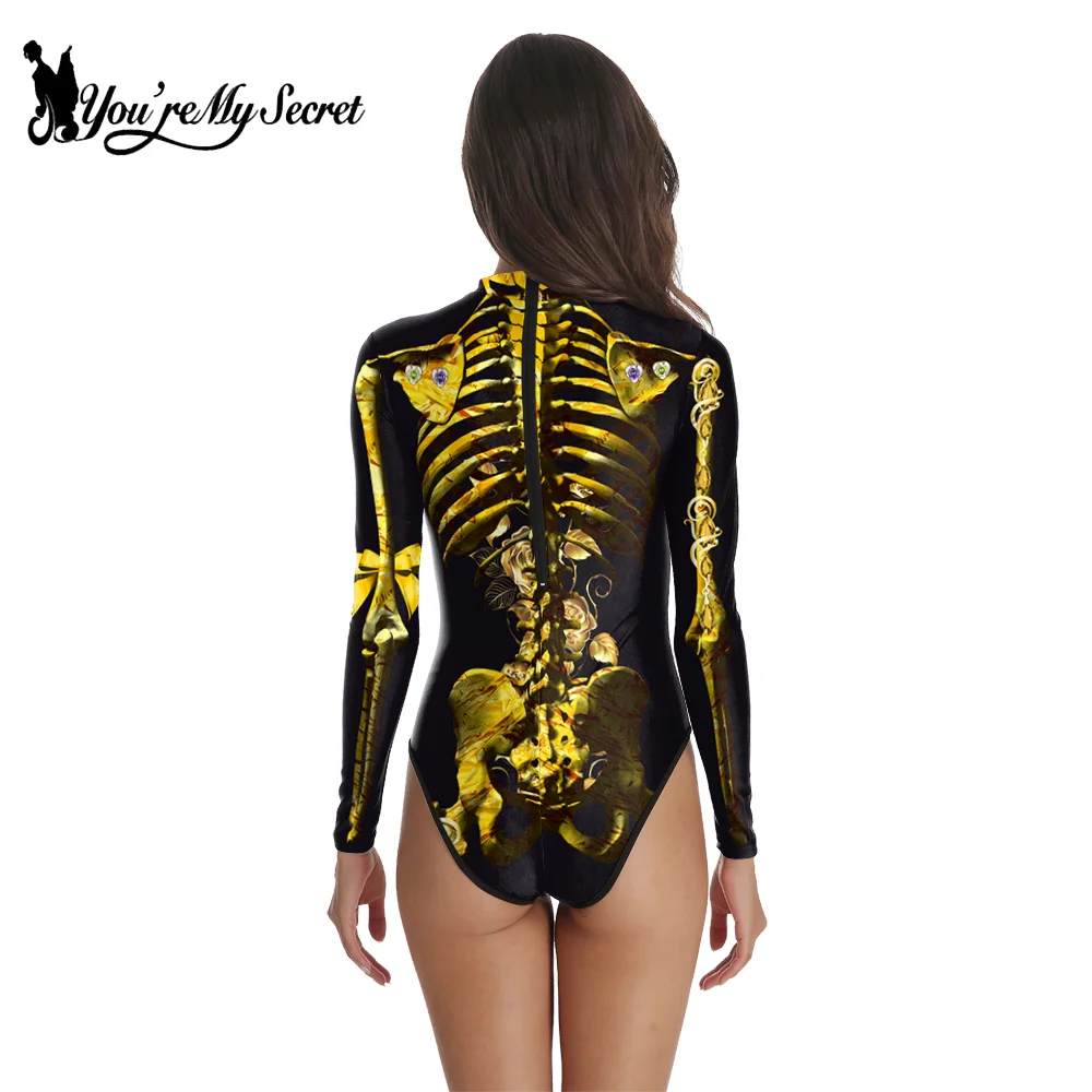 Setelan kostum Halloween, setelan Halloween, kostum Cosplay, motif tengkorak, bodysuit pesta, karnaval, pakaian Jumpsuit wanita Day of The Dead