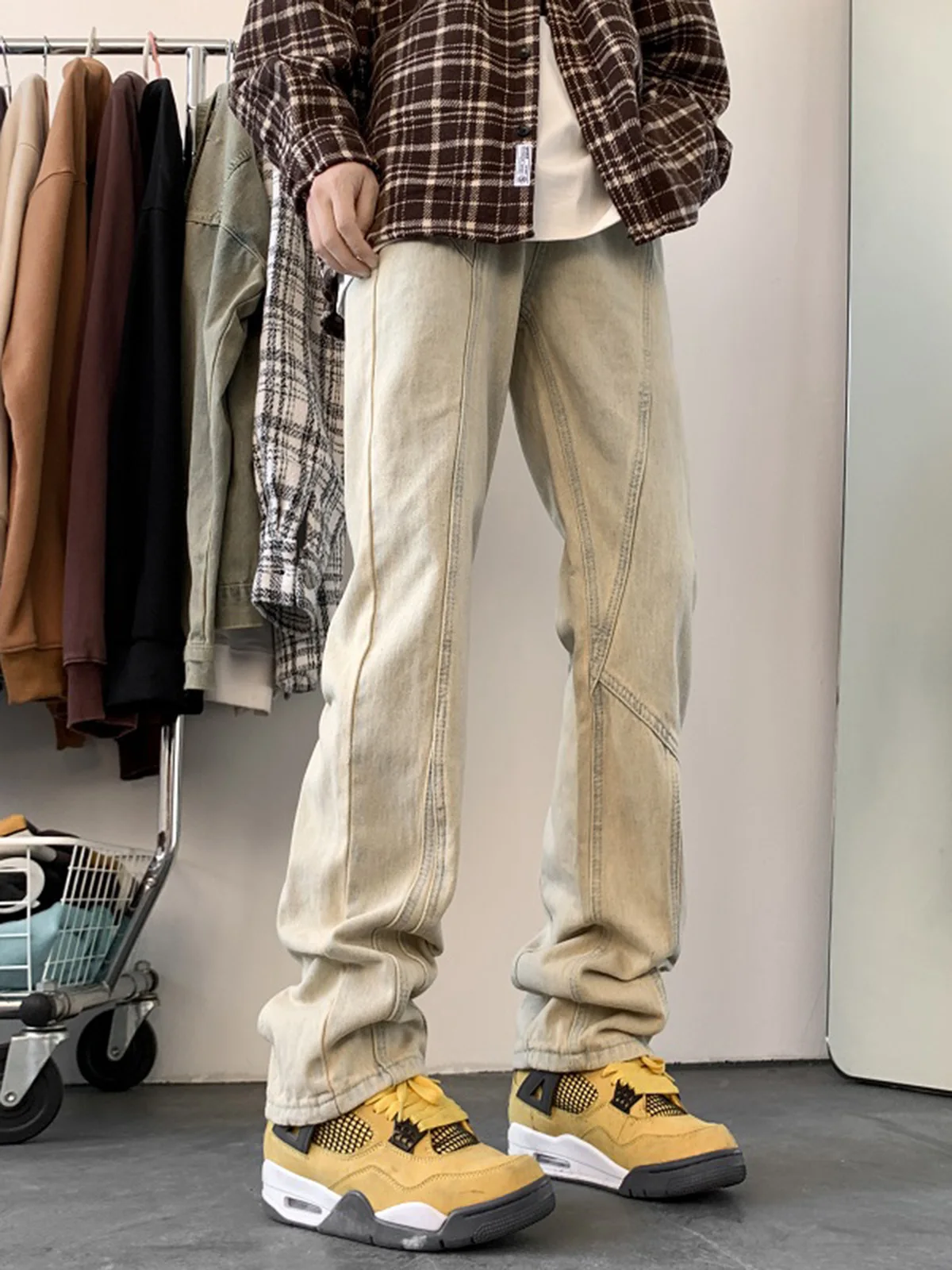 

Мужские джинсы American High Street цвета муд, осенне-зимние, прямого кроя, с пэчворк-дизайном, зауженные, расклешенные брюки