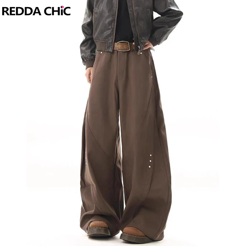 

REDDACHIC Ретро сращенные заклепки мужские костюм в форме подковы брюки оверсайз с низкой талией однотонные широкие драпированные длинные брюки повседневная одежда для отдыха