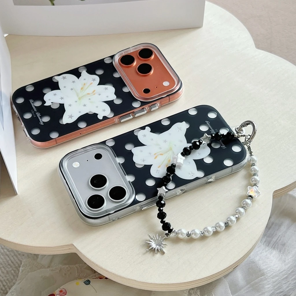 Retro Black Polka Dot Star Lily Flowers With Beads Chain Shockproof Protective Phone Cover Case for iPhone 17 16 15 Pro Max