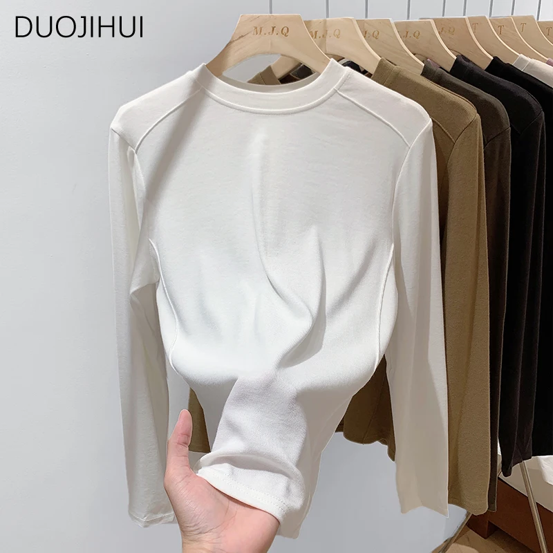 DUOJIHUI Dark Grey Basic Long Sleeve Loose Women T-shirts Autumn Classic O-neck Simple Casual Pure Color Fashion Female T-shirts