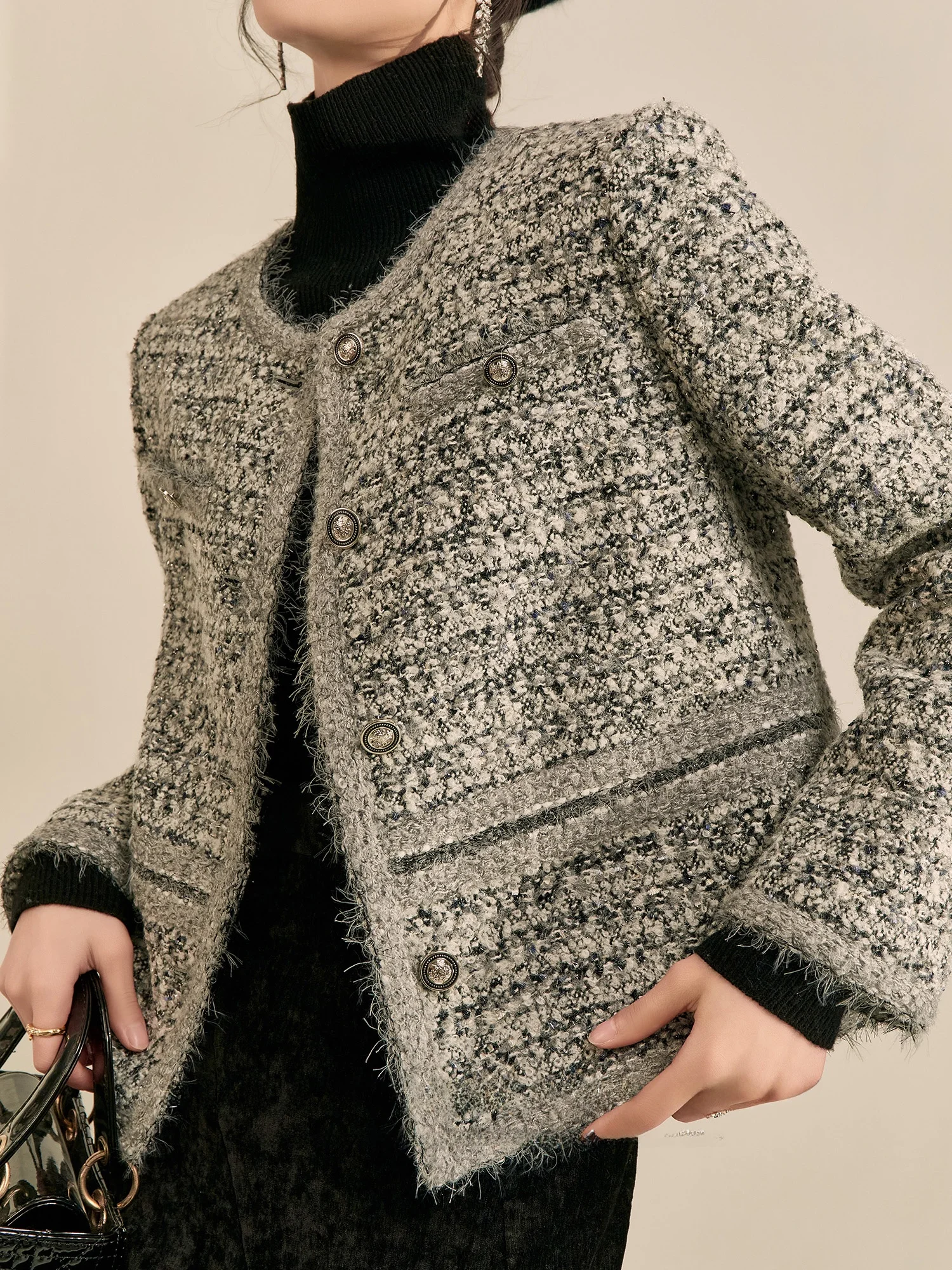 

Ele Heavyweight Tweed Jaet for Women Autumn Winter Commute Sle Loose Fit Long Sve round Ne Button Closure Coat