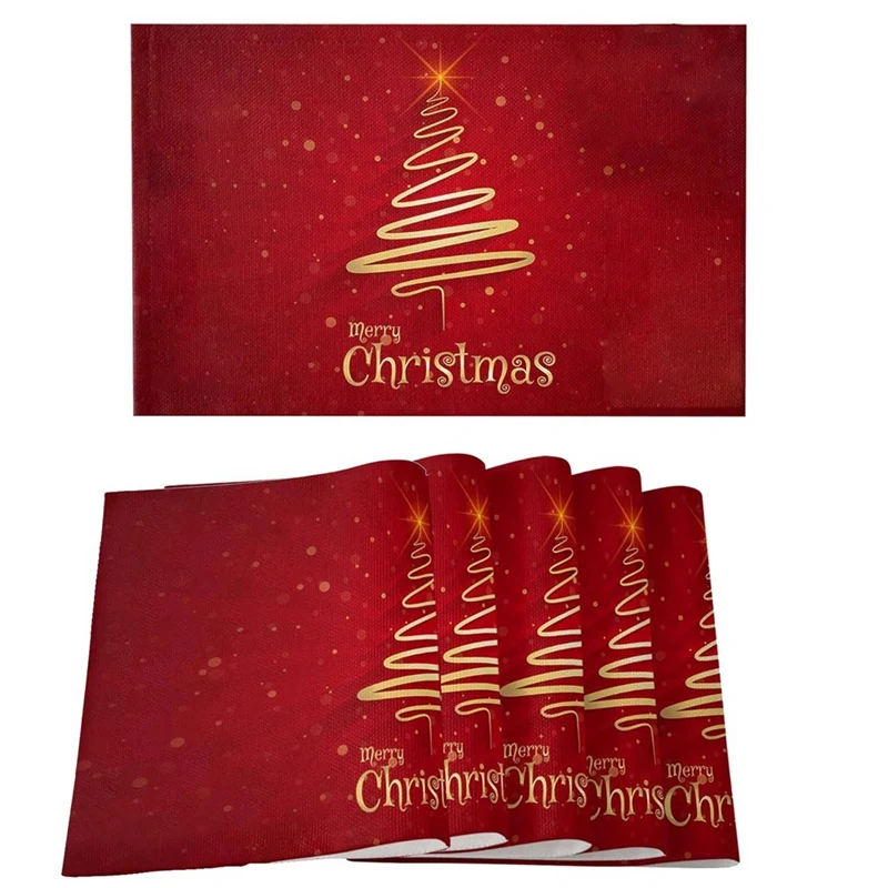 6PCS Merry Christmas Tree Placemats Non-Slip/Wipe Clean Linen Dining Table Mat Set Heat-Resistant Table Liner Red