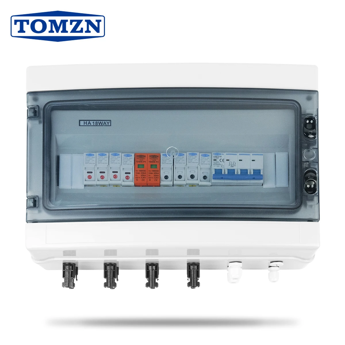 TOMZN Official 18Ways PV Combiner Box Lightning Protection 4IN 1OUT DC 1000V Fuse MCB SPD Waterproof Box IP65 Solar Photovoltaic