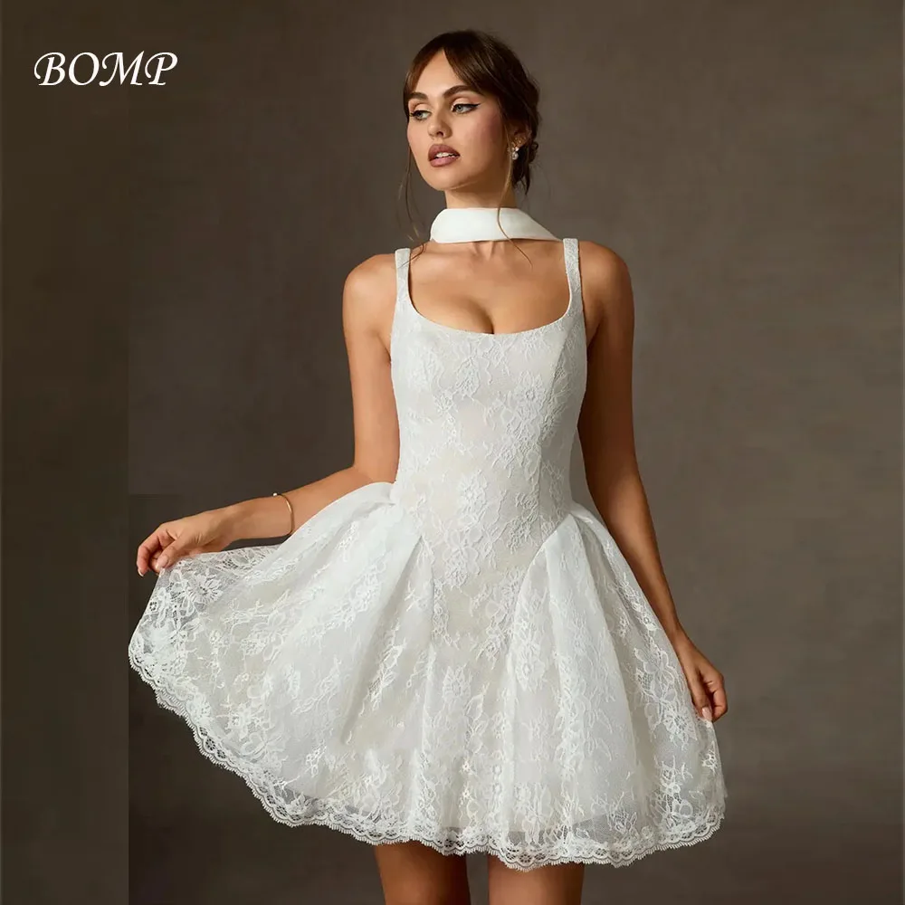 BOMP فساتين زفاف ساحرة بحزامين وفتحة رقبة واسعة دانتيل كامل بطول الركبة مع أوشحة طويلة مصنوعة حسب الطلب 2026 Vestido De Noival #1