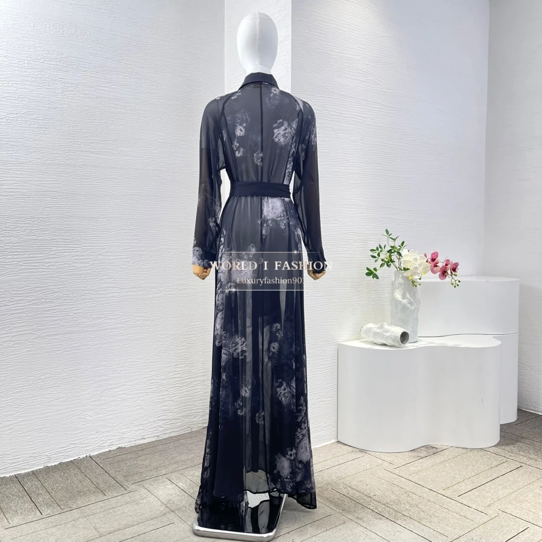 Floral Print Long Sleeve Maxi Dress 2025 New Fashion Black Ink
