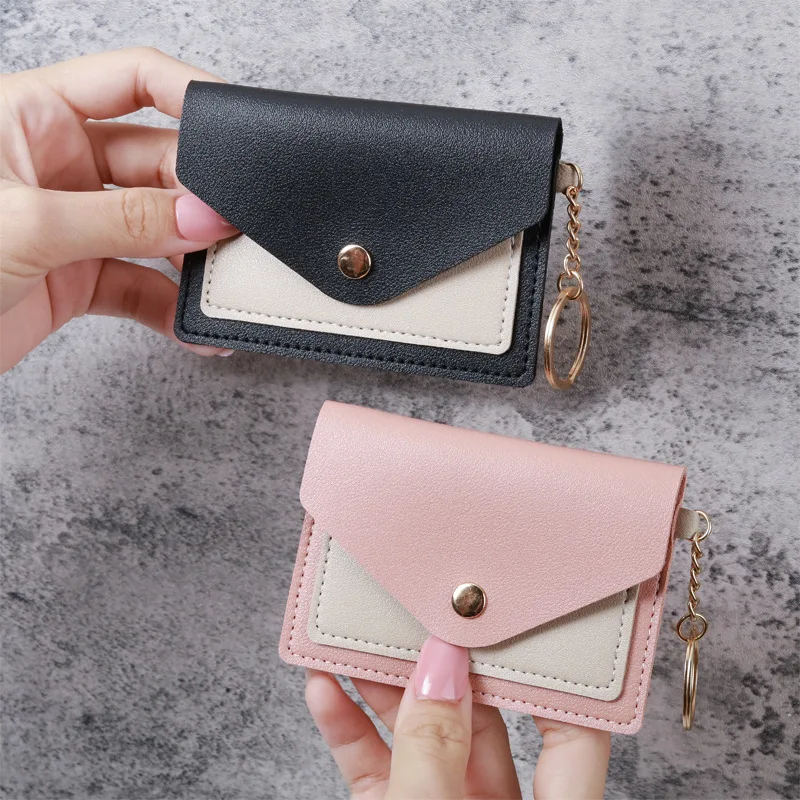 Mini Envelope Card Holder with Keychain Color Block Snap Button Slim Card Wallet Black Pink Light Blue