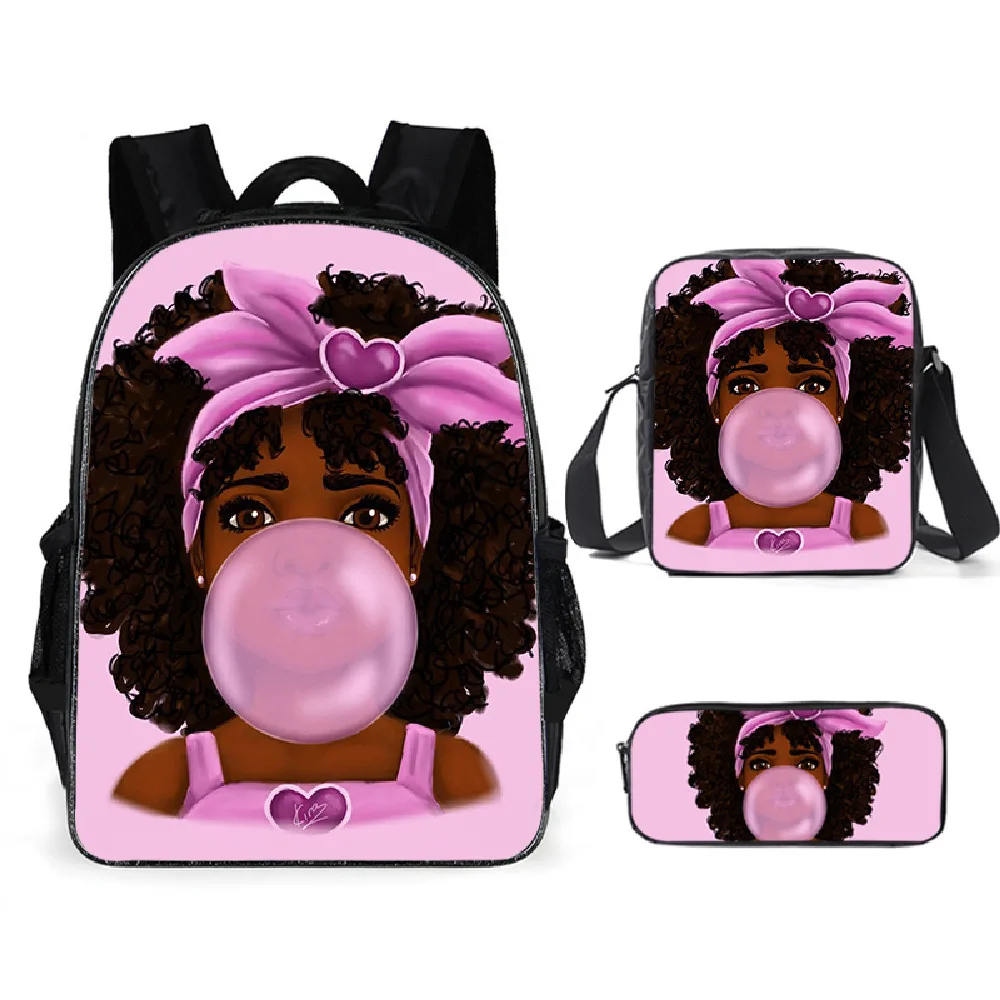 Popular Black African Girls 3 Piece Backpack 3D Printing School Student School Bag Laptop Backpack Shoulder Bag Pencil Case Gift