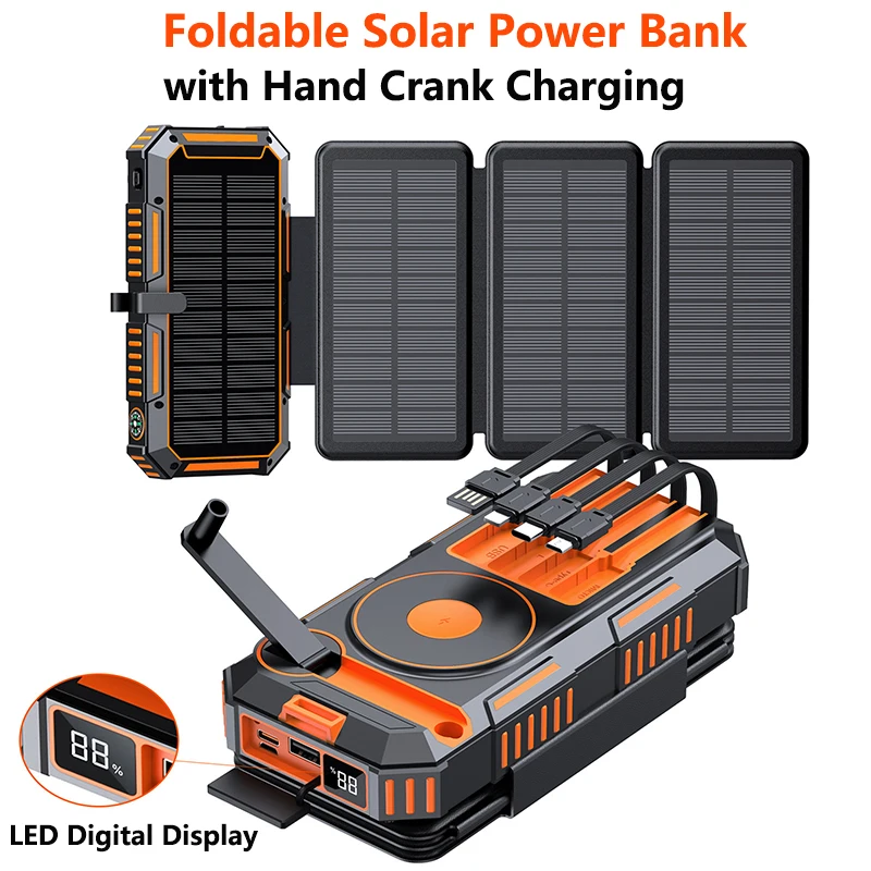 Hand Crank Solar Power Bank 20000mAh with 4 Solar Panels Portable Magnetic Wireless Charger for iPhone 17 Huawei Watch Powerbank