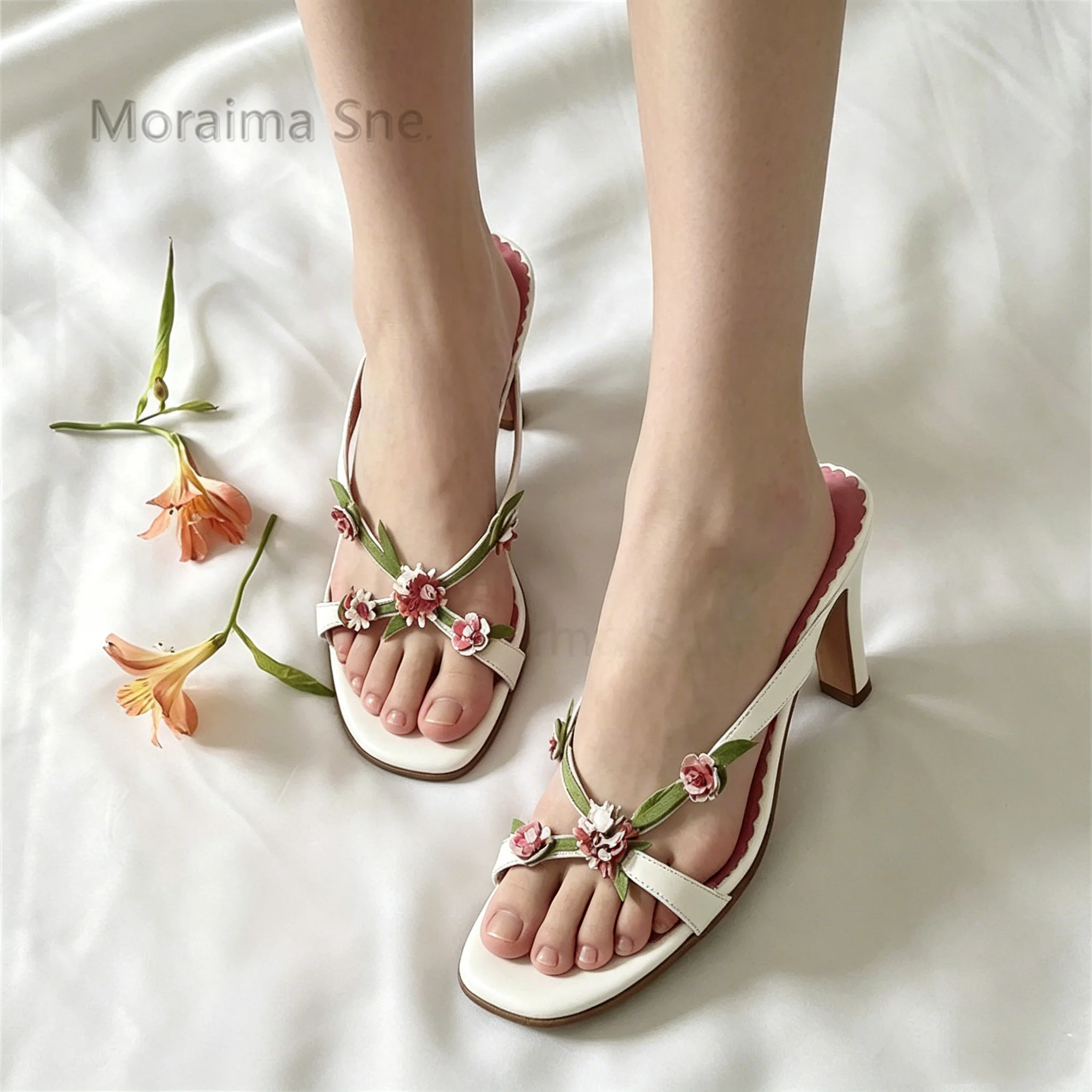 Handmade Flowers Slippers for Women High Heels Vintage Style Cross Strap Leather Slippers Summer Sweet Party Outside Shoes