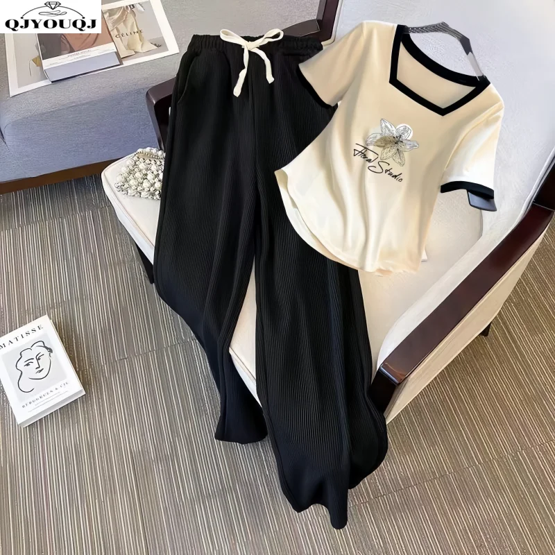 Spring and summer new women\'s casual wear square neck loose fit T-shirt+fashionable wide leg pants two-piece set