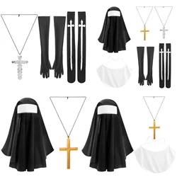 Womens Halloween Nun Missionary Cosplay Costume Sister Nun Hat Priest Cross Headdress Silk Tube Stockings Gloves Plastic Cross