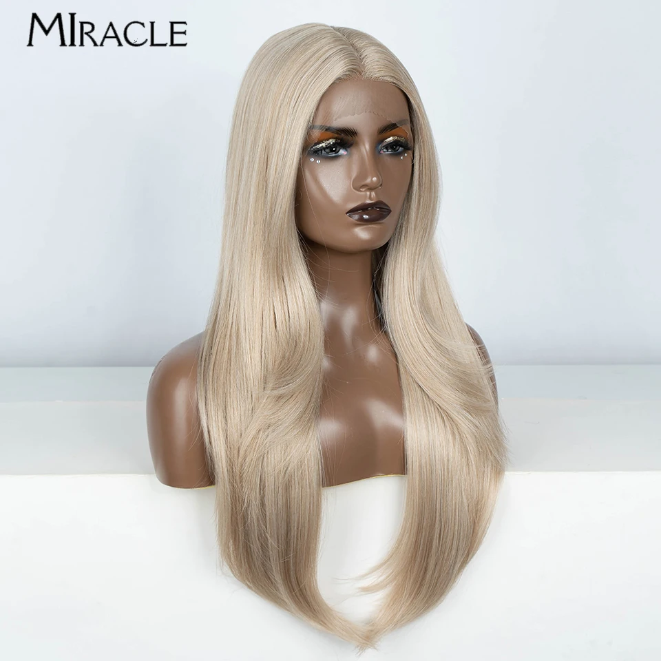 MIRACLE Straight Lace Wig for Women 28 Inch Synthetic Wig Cosplay Wigs Black Brown Blonde Wigs Heat Resistant  Lace Front Wig