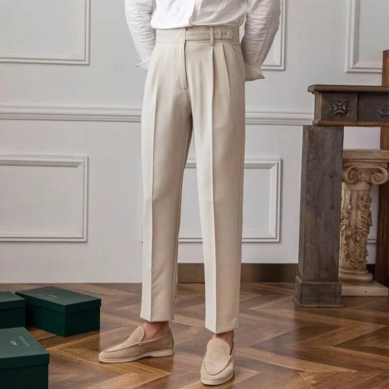 Old Money Aesthetic Mens Suit Trousers Stylish Belt Buttoned High-waisted Pants Men Fall Vintage Solid Color Slim Straight Pants