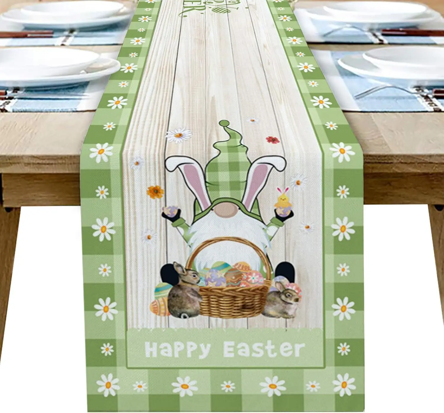 Easter Bunny Eggs Gnome Green Plaid Linen Table Runner Party Decor Spring Kitchen Dining Table Runners Dresser Scarf Table Decor