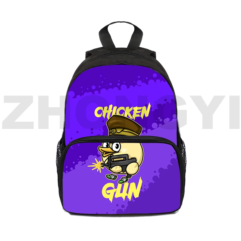 12/16 Inch Chicken Gun Mini Backpack Fashion Travel Bag Kids Cartoon Bookbag Funny Anime Primary School Bags Men Vintage Daypack