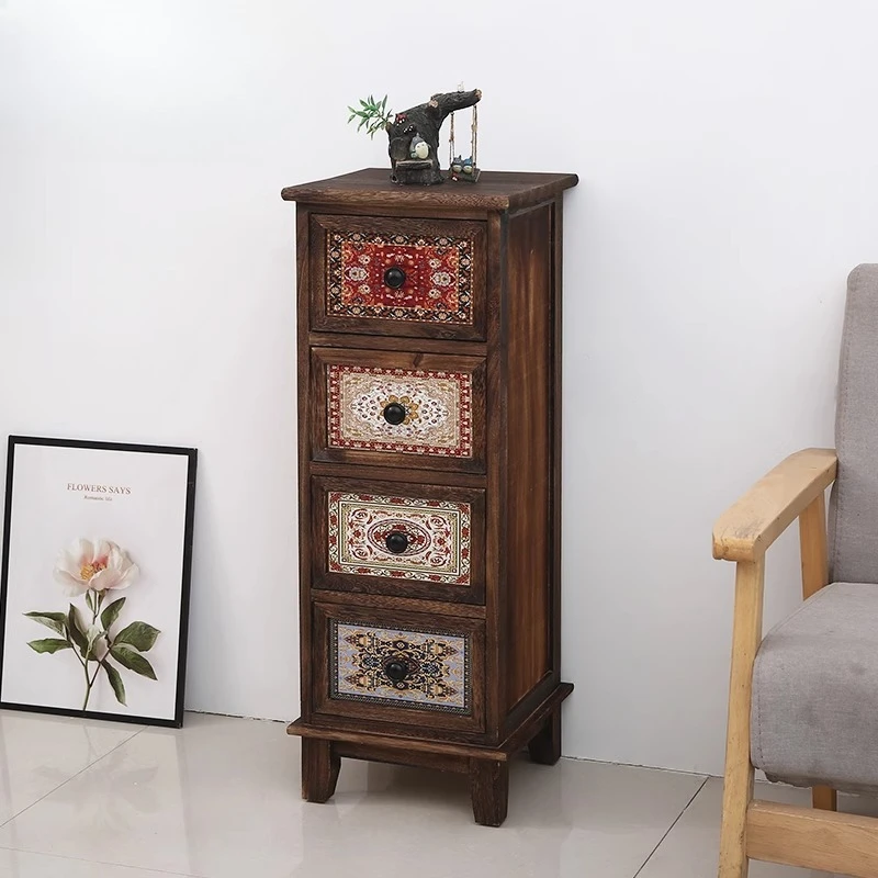 

‌Scandinavian Solid Wood Sideboard Narrow Dresser Vintage Storage Cabinet Multi-Drawer Organizer Small Space Furniture‌