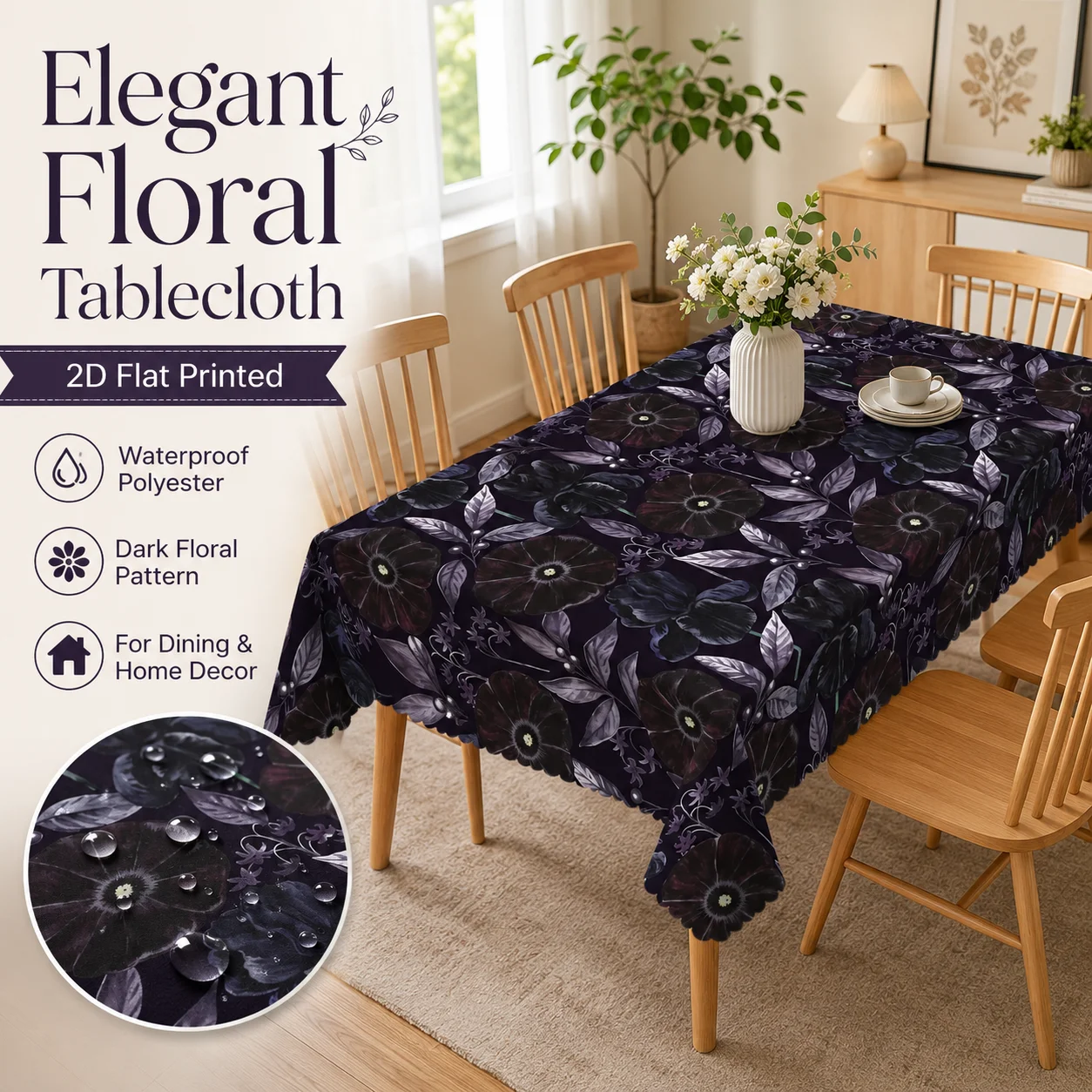 

Elegant Dark Floral Waterproof Polyester Tablecloth 2D Flat Printed Rectangular Table Cover For Dining Room Kitchen Home Decor
