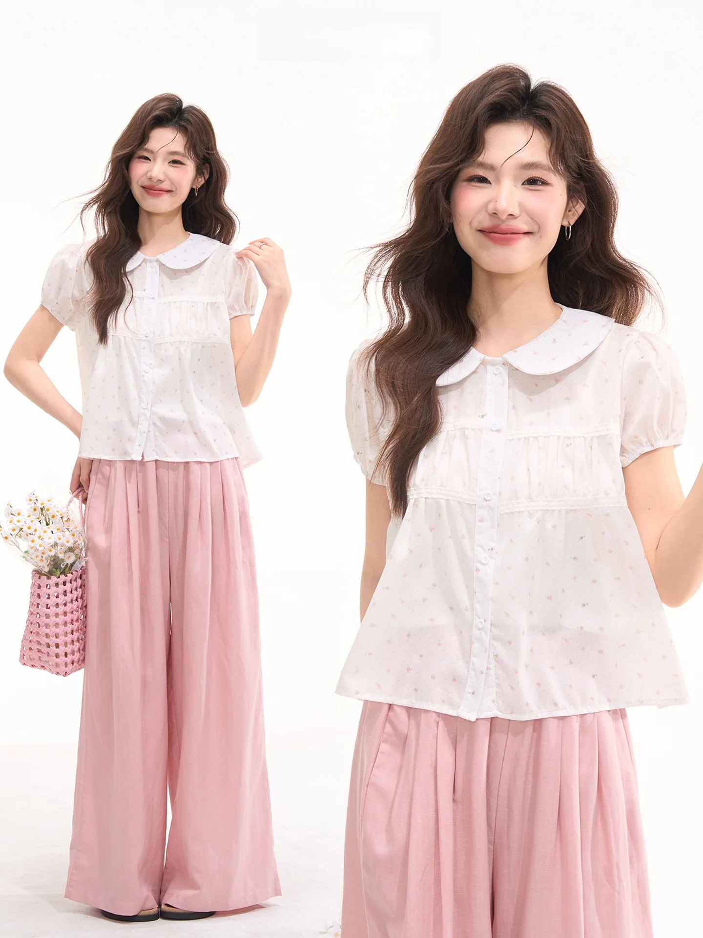 

Korean Style Floral Print Short Sleeve Doll Collar Shirt Women's Summer Top Age Reversing Cotton Blend Comfortable Fit Blouse
